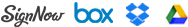 Sign Now, Box, Dropbox, Google Drive logos - Redbooth and Slack