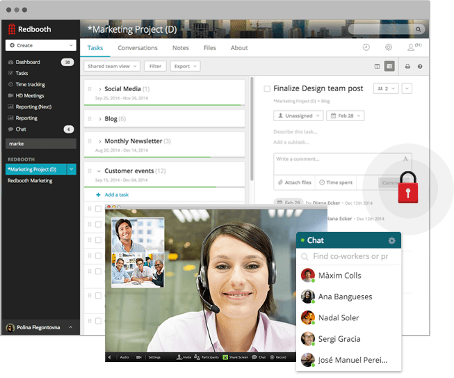 Redbooth interface demo, chat box, HD video screen - Redbooth and Slack