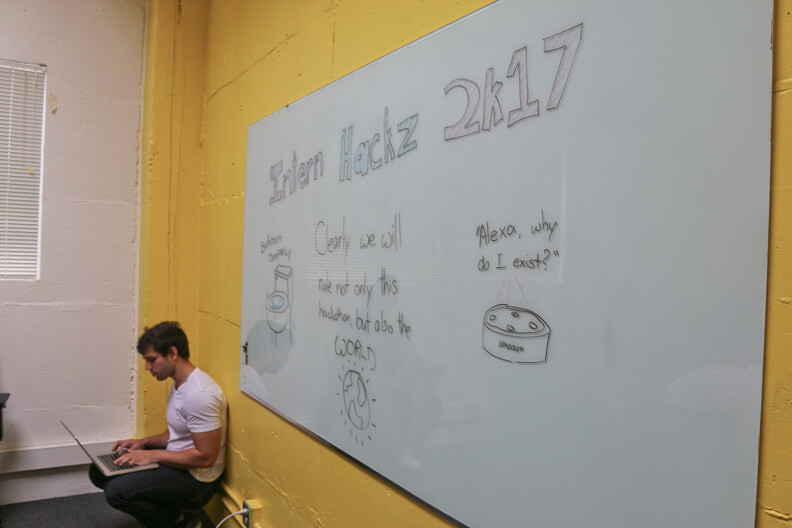 Redbooth team member gets ready for hackathon presentations under white board