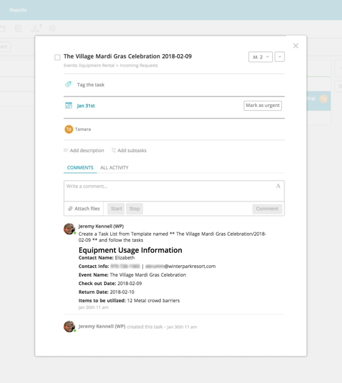 An equipment rental request through Wufoo Form Zap auto-populates a task in Redbooth