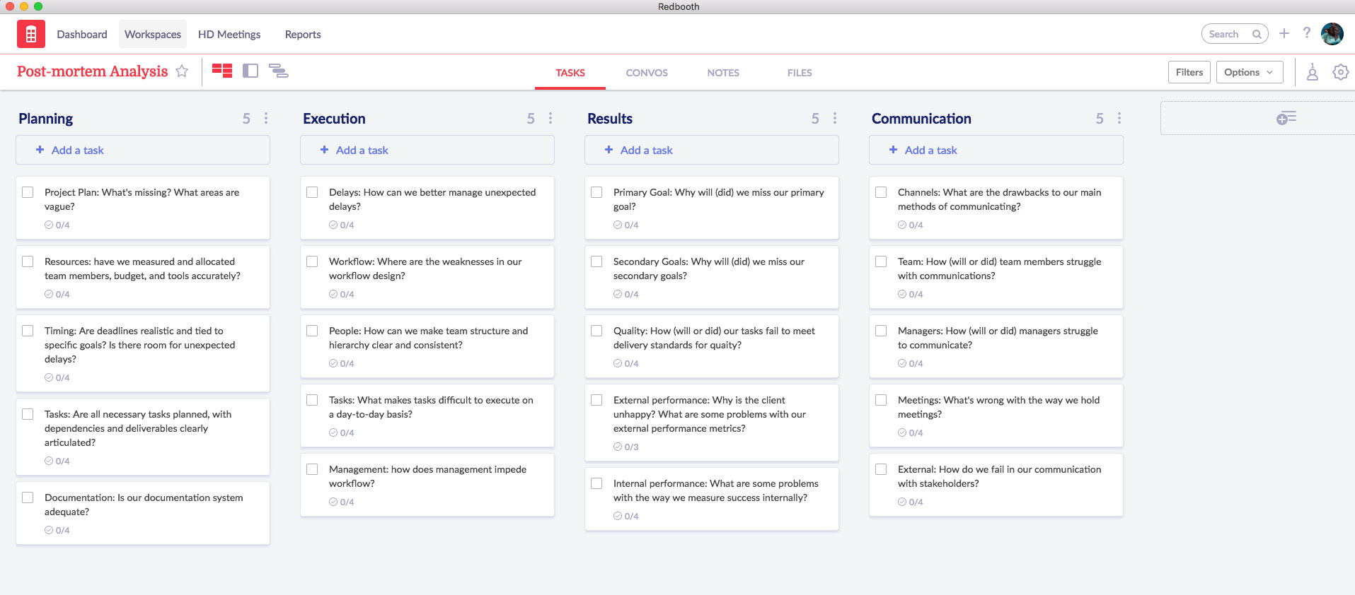 Post-mortem Analysis Template in Redbooth