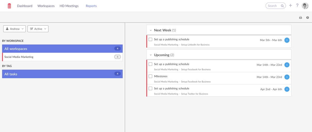 Redbooth screenshot of Social Media Marketing tasks