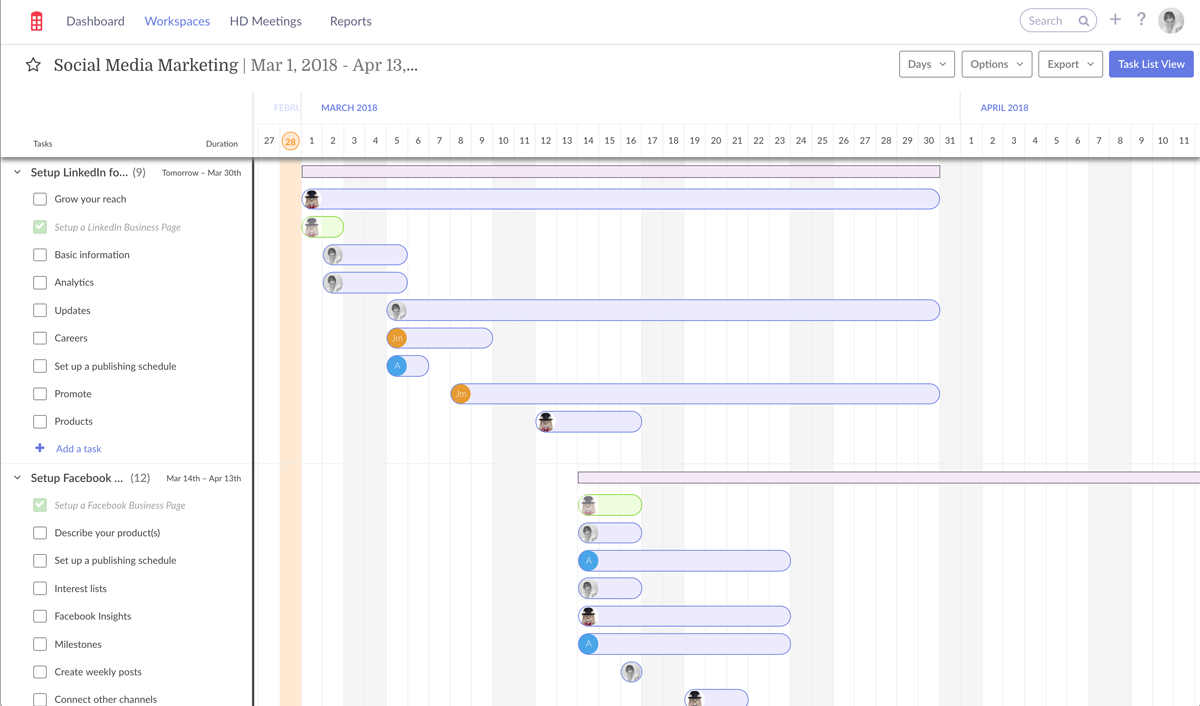 Redbooth Timeline View of a Social Media Marketing workspace