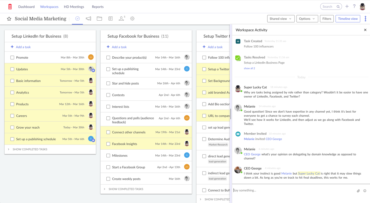 Redbooth screenshot showing workspace chat over task lists